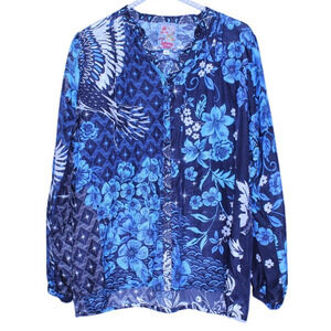 Johnny Was Tate Button Down Printed 100% Silk Blouse SZ S